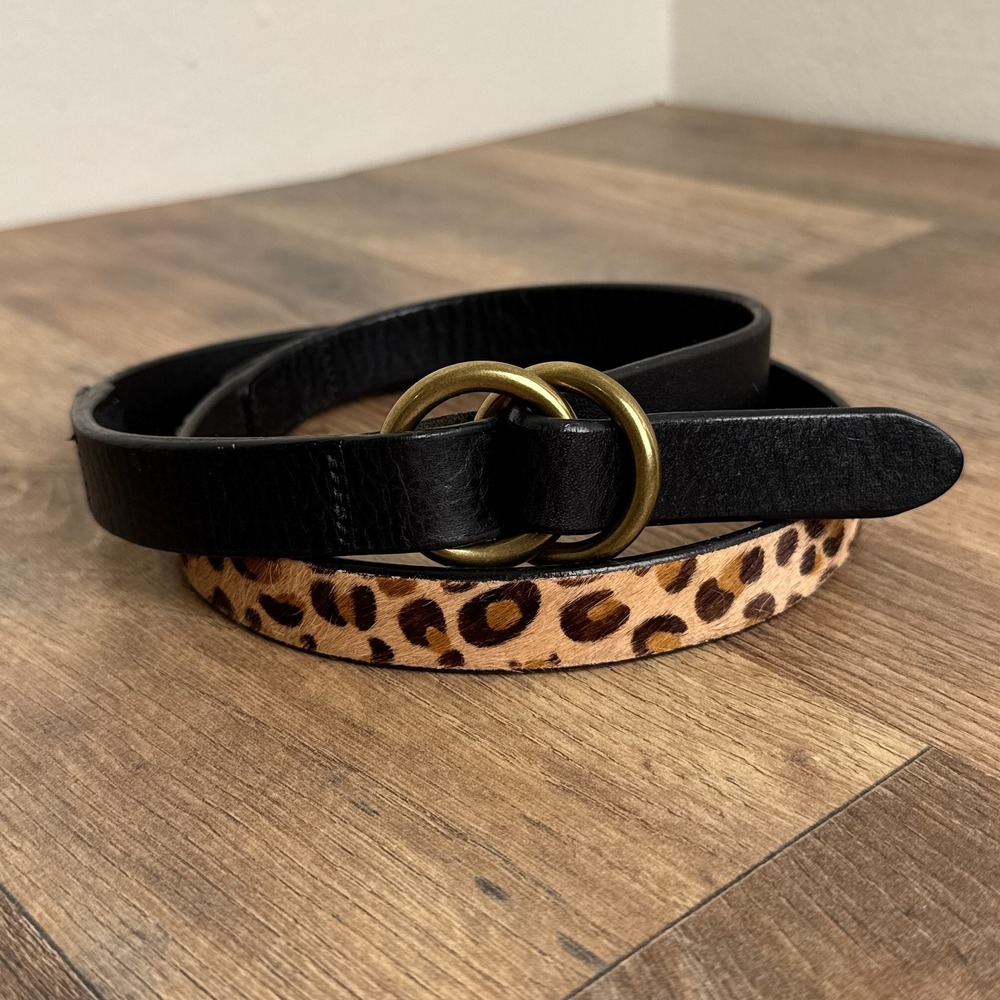 Lucky Brand‎ Leather Leopard Calf Hair Double Ring Belt Black Womens Small
